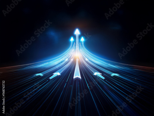 Glowing blue arrows converge upward on a dark background, symbolizing growth, progress, and upward mobility.  The converging lines create a sense of momentum and achievement.