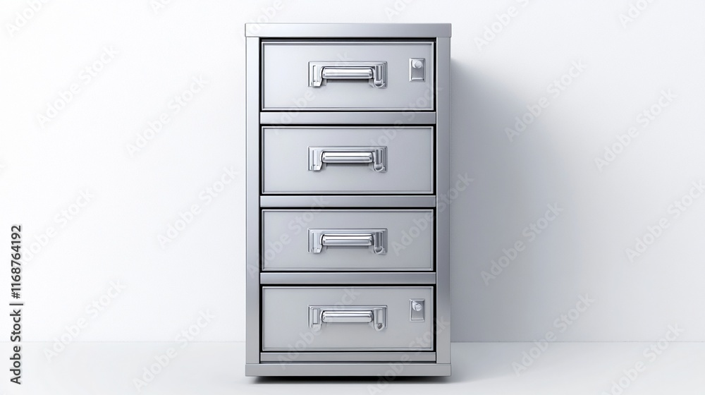 Sleek metal filing cabinet with smooth drawers, isolated on white for organized offices Sleek metal filing cabinet with smooth drawers, isolated on white for organized offices