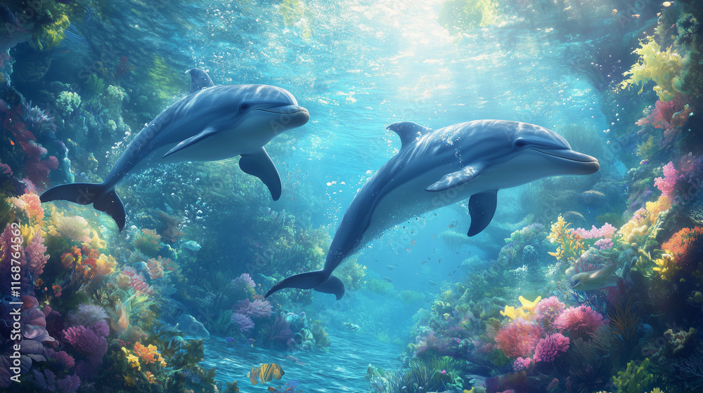 Fototapeta premium Two dolphins swimming together in a colorful coral reef under sunlit ocean waters