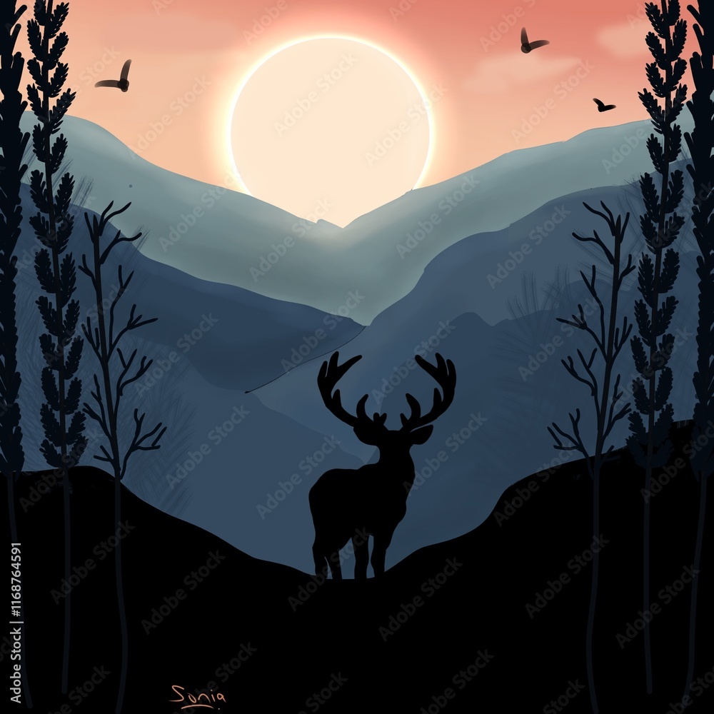 Fototapeta premium Deer silhouette landscape 
