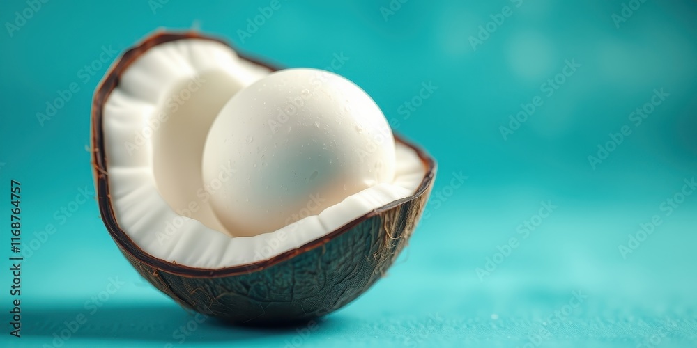 A pristine white sphere nestled inside a halved coconut shell against a vibrant teal backdrop. A pristine white sphere nestled inside a halved coconut shell against a vibrant teal backdrop.