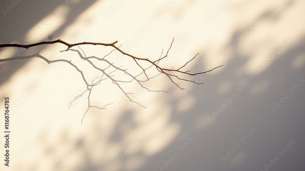 Bare branch casting an abstract shadow on a pale wall in soft light Bare branch casting an abstract shadow on a pale wall in soft light