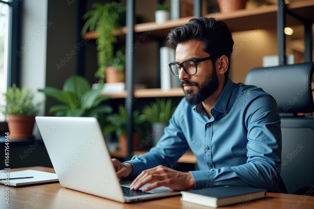 Focused Professional Working on Laptop in Modern Office Setting, Ideal for Business and Technology Websites Focused Professional Working on Laptop in Modern Office Setting, Ideal for Business and Technology Websites