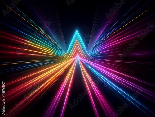 Vibrant rainbow neon lines converge into a radiant arrow shape against a stark black background, creating a dynamic and futuristic visual effect.  The image evokes feelings of speed and energy.
