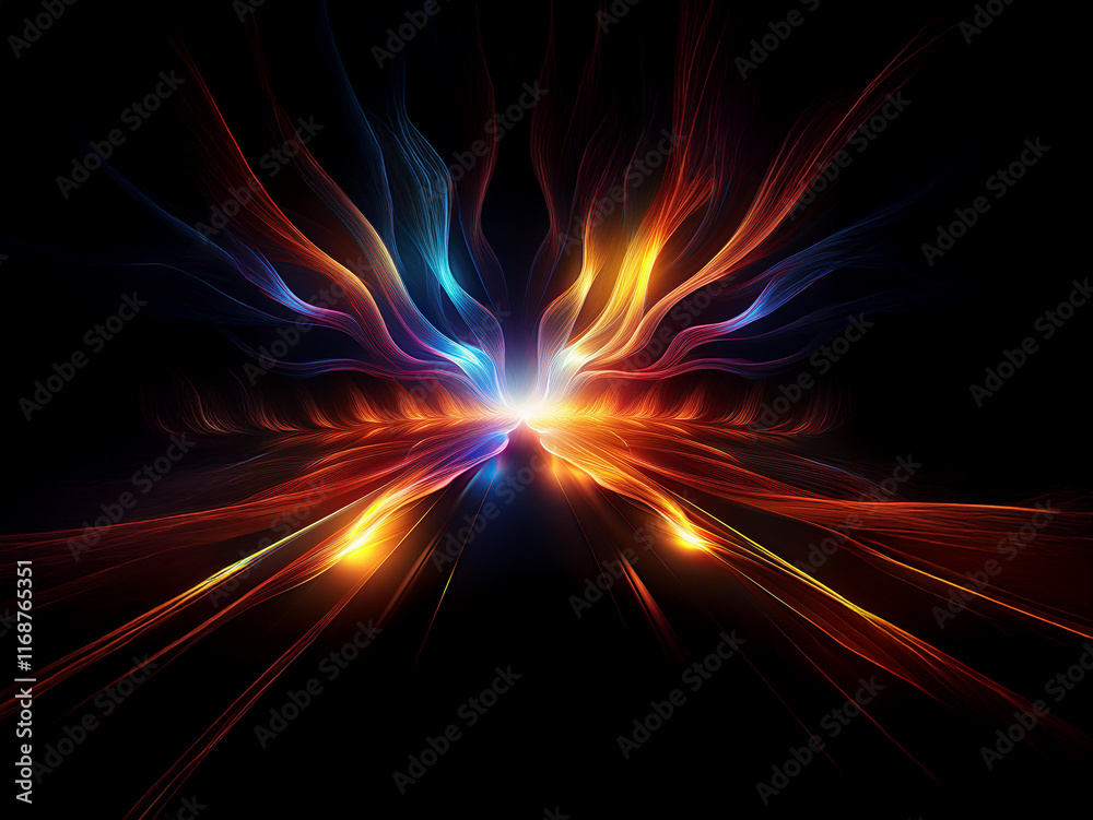 Obraz premium Abstract digital art featuring vibrant, flowing lines of blue, orange, and red light emanating from a central point against a black background. The artwork evokes feelings of energy and movement.