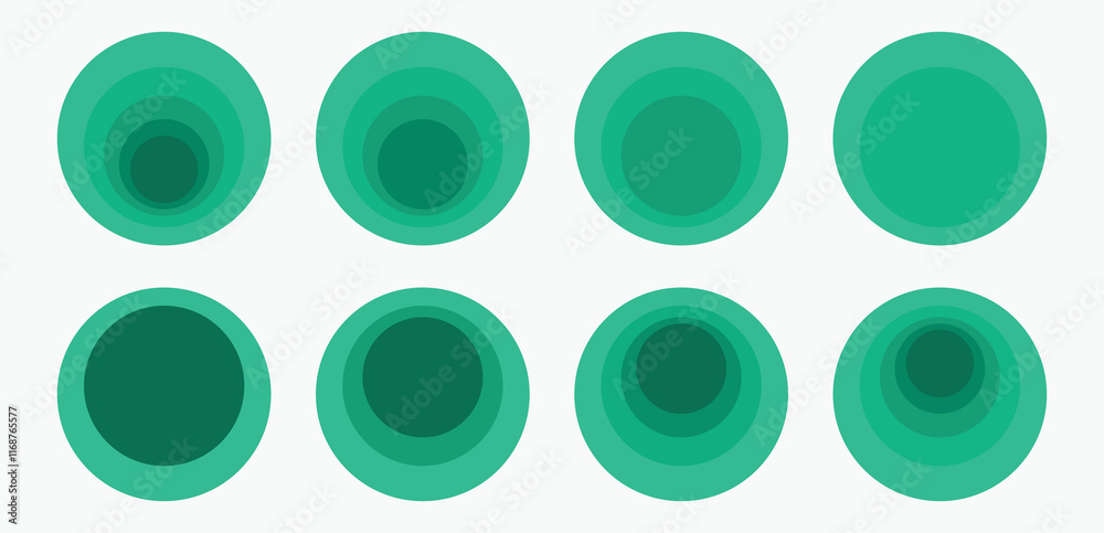 Diagram template with eight stacked concentric circles,  Clipart illustration isolated on a white background.