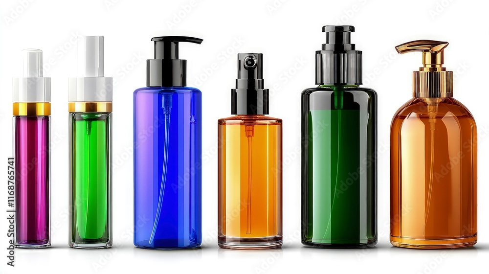 Collection of colorful different cosmetic bottles and container isolated on white background Collection of colorful different cosmetic bottles and container isolated on white background