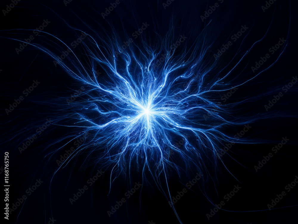 Abstract image depicting a vibrant blue energy burst, radiating outward in intricate, glowing tendrils against a deep black background. The effect is dynamic and ethereal. Abstract image depicting a vibrant blue energy burst, radiating outward in intricate, glowing tendrils against a deep black background. The effect is dynamic and ethereal.