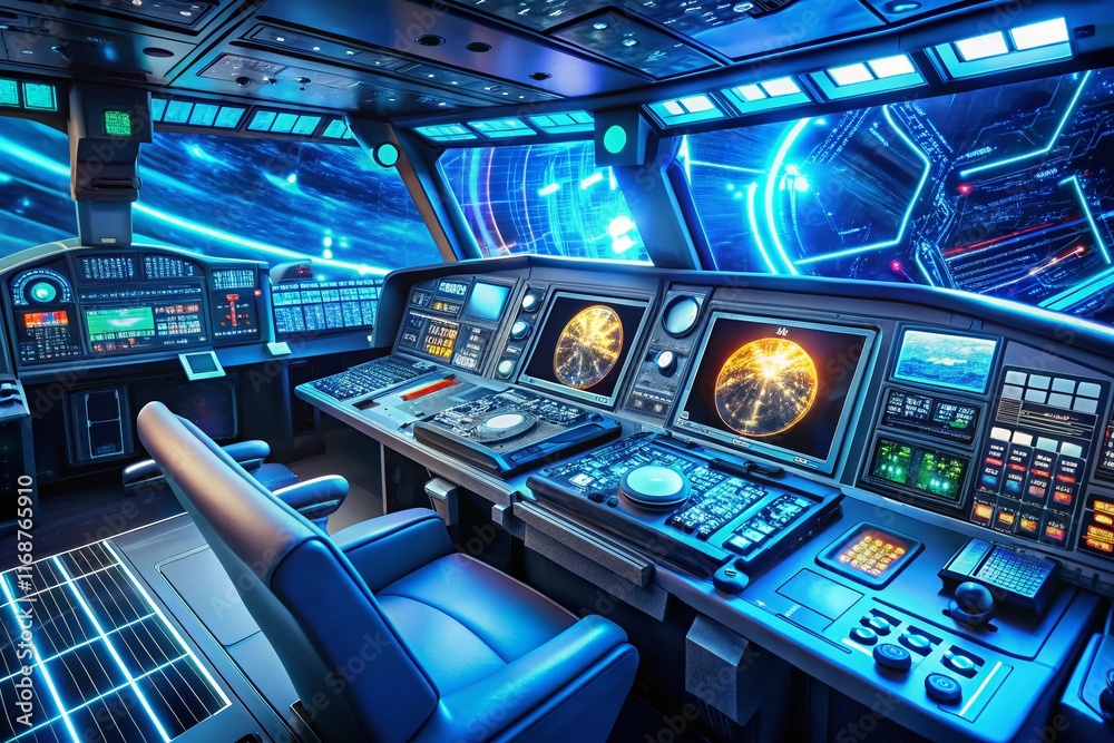 Futuristic Spaceship Cockpit: Glowing Blue HUD Displays Sci-Fi Data Readings Futuristic Spaceship Cockpit: Glowing Blue HUD Displays Sci-Fi Data Readings