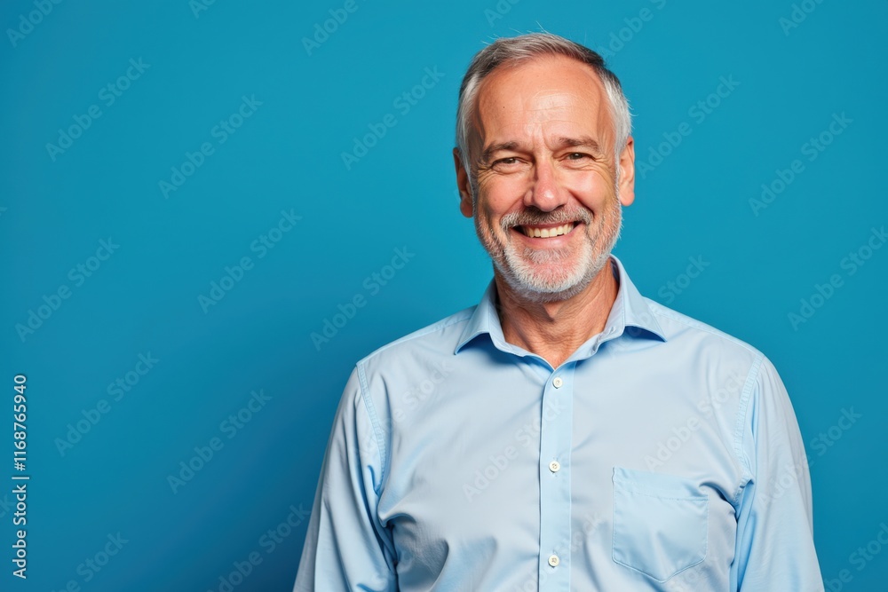 Obraz premium Confident Senior Businessman Portrait on Blue Background, Perfect for Corporate Websites, Marketing, and Professional Profiles