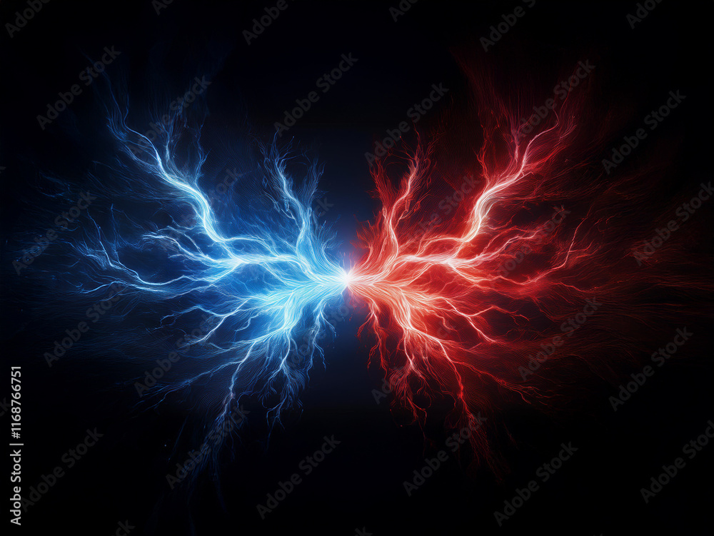 A mesmerizing abstract image depicting clashing blue and red electrical energy, resembling a stylized butterfly or wings. The vibrant colors and dynamic energy create a captivating visual. A mesmerizing abstract image depicting clashing blue and red electrical energy, resembling a stylized butterfly or wings. The vibrant colors and dynamic energy create a captivating visual.