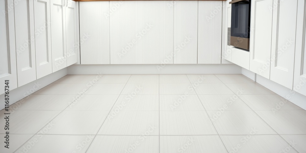 Fototapeta premium Clean white kitchen floor tiles beneath white cabinetry