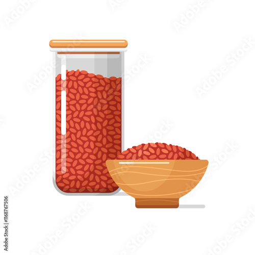 Red yeast rice in kitchen food glass jar and ceramic or wooden bowl. Clear plastic transparent container with lid for bulk and cereals, vector flat cartoon illustration isolated on white background
