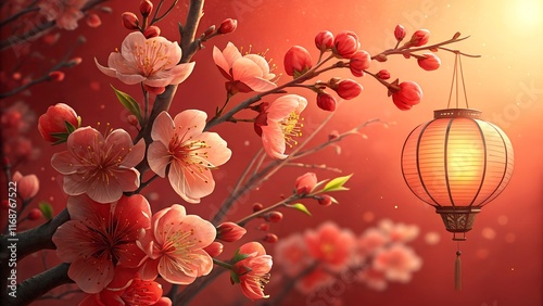 Happy Chinese New Year with blooming red flowers and traditional lantern on a red background