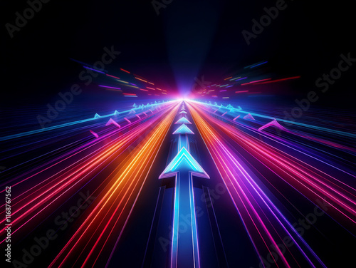 Vibrant neon arrows streak across a dark background, symbolizing rapid upward progress and advancement.  The perspective creates a sense of speed and limitless potential.
