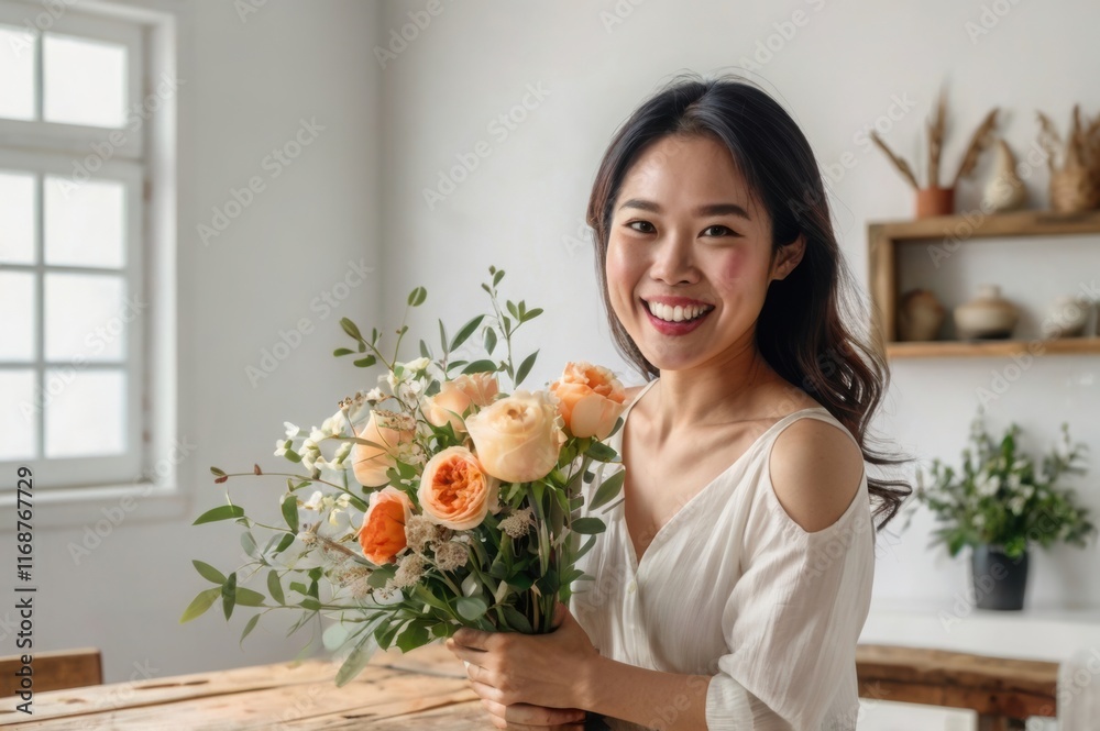 A cheerful Asian woman holding a flower bouquet in a bright, white room with a wooden table. A cheerful Asian woman holding a flower bouquet in a bright, white room with a wooden table.
