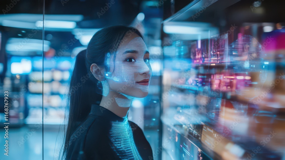 Modern Woman Engaged with Technology in a Futuristic Environment Modern Woman Engaged with Technology in a Futuristic Environment