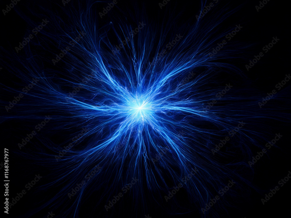 Naklejka premium Intense blue energy bursts from a central point, radiating outwards in a mesmerizing, fractal pattern against a pitch-black background. The light resembles electrical discharge or a celestial phenome