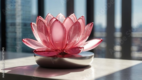 A gel display shaped like a pink lotus, glowing on a metallic base in sunlight by a window. photo