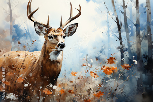 deer in the forest watercolor, 