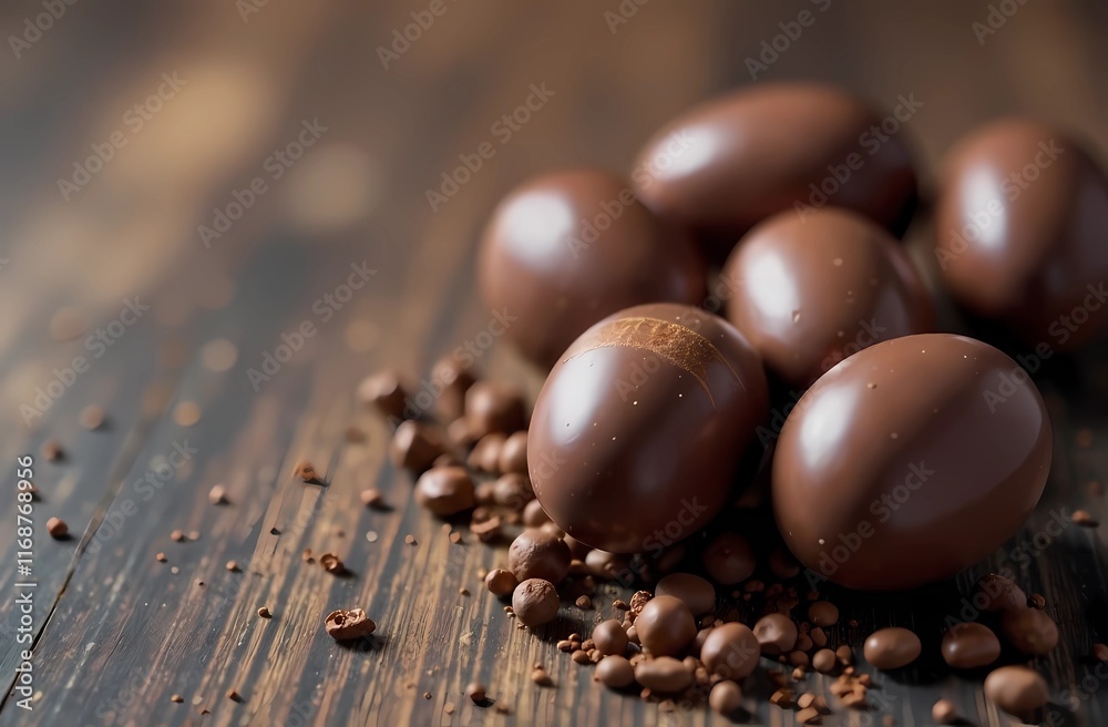 Background with chocolate Easter eggs and space for text in trendy Mocha mousse color Background with chocolate Easter eggs and space for text in trendy Mocha mousse color