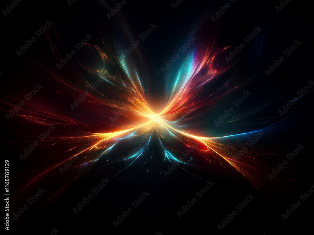 Obraz premium Intense, vibrant light streams converge at the center, resembling a luminous butterfly against a dark void. The colors are fiery and ethereal.
