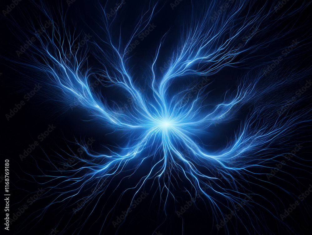 Fototapeta premium Intricate blue energy bursts from a central point, radiating outward like lightning branches against a dark background. The glowing fractal pattern creates a mesmerizing visual effect.