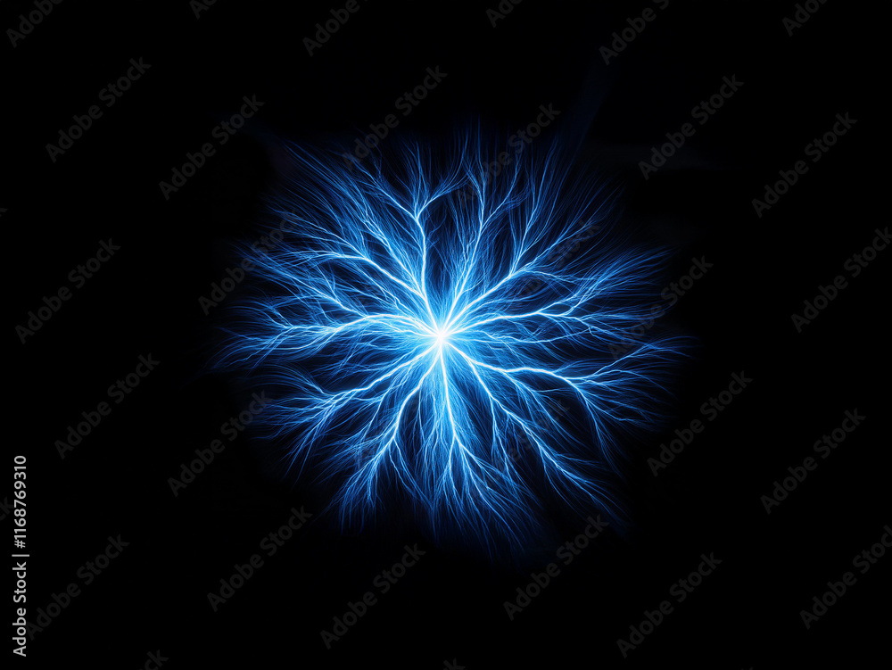 Glowing blue energy bursts from a central point, resembling a fractal snowflake against a black background. The light emanates outwards in intricate, branching patterns. Glowing blue energy bursts from a central point, resembling a fractal snowflake against a black background. The light emanates outwards in intricate, branching patterns.