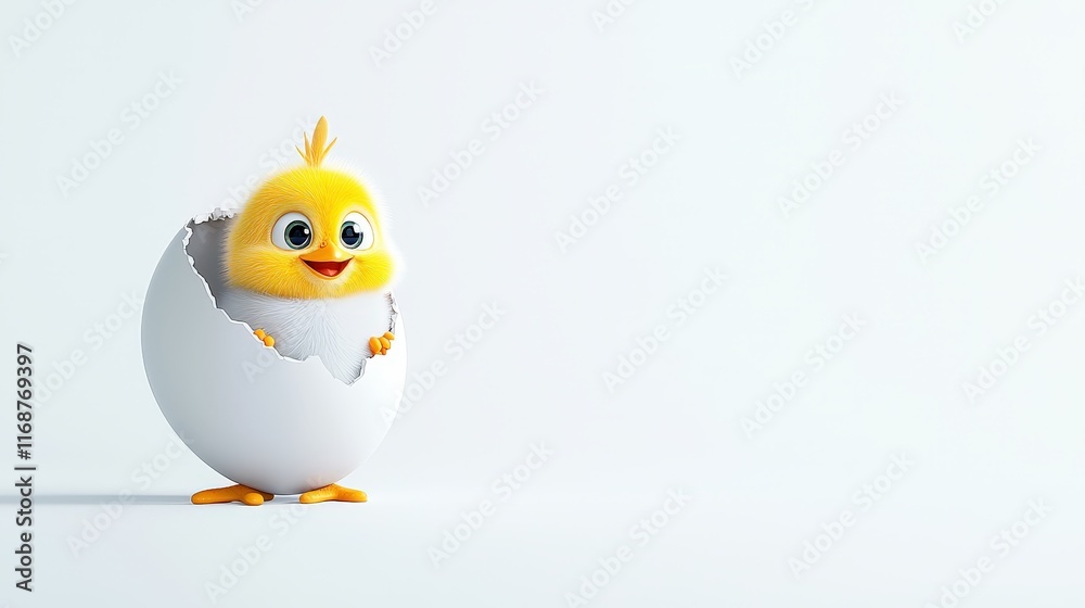 Obraz premium A curious chick peeking out of a half-cracked egg, isolated on a bright white background for a minimalist and fresh look.