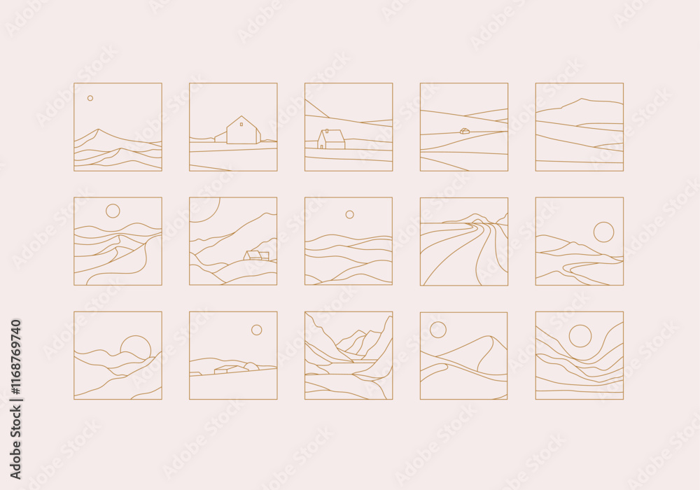 Mountain silhouettes icon set drawing in linear art style on beige background