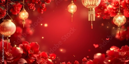 Festive Red Chinese New Year Background with Lanterns and Flowers