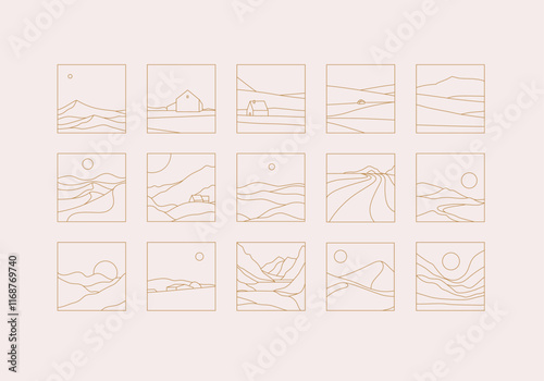 Obraz na płótnie Mountain silhouettes icon set drawing in linear art style on beige background w salonie