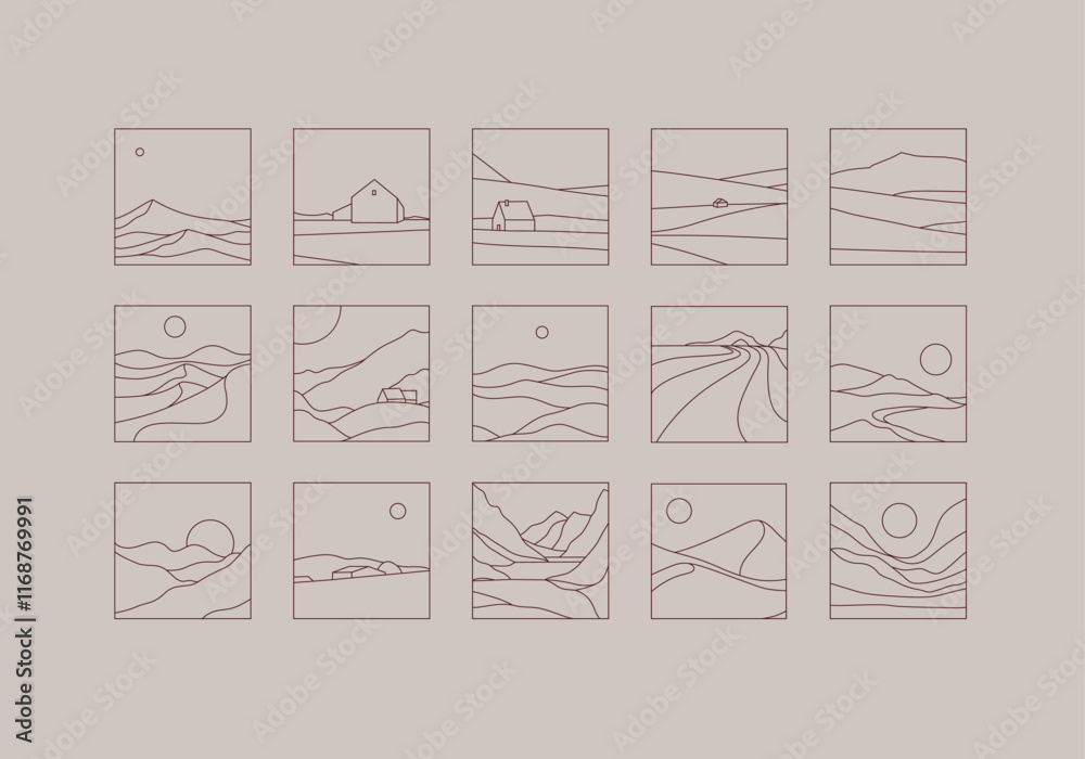 Mountain silhouettes icon set drawing in linear art style on brown background