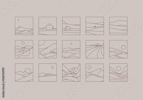 Obraz na płótnie Mountain silhouettes icon set drawing in linear art style on brown background w salonie