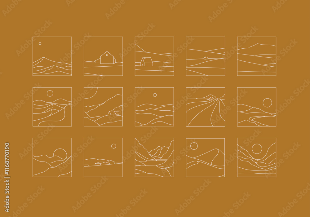 Mountain silhouettes icon set drawing in linear art style on mustard background