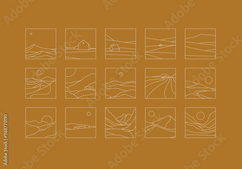 Obraz na płótnie Mountain silhouettes icon set drawing in linear art style on mustard background w salonie