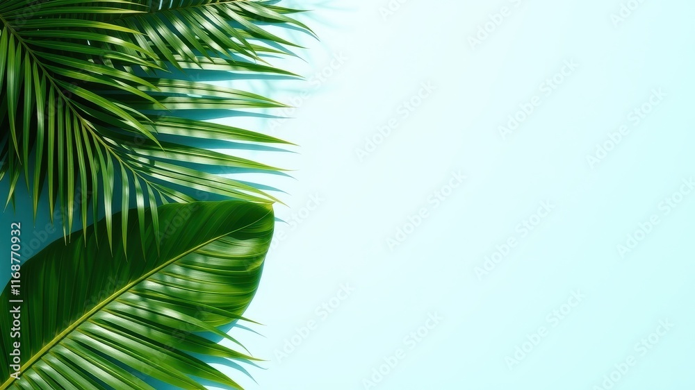 Naklejka premium Lush tropical foliage arranged against a light blue backdrop, providing a vibrant and refreshing visual for design projects or presentations.