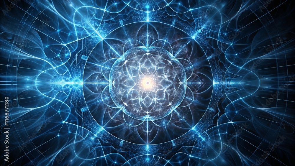 Futuristic mandala design featuring a glowing core and intricate blue patterns, cosmic atmosphere, copy space Futuristic mandala design featuring a glowing core and intricate blue patterns, cosmic atmosphere, copy space
