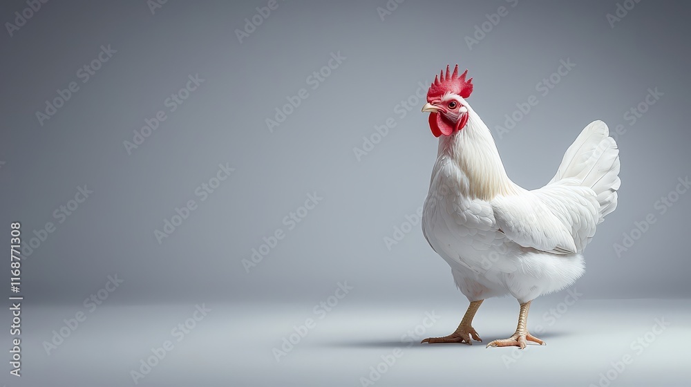 A full-grown chicken standing proudly in profile, isolated on a plain white background for a clean and professional look. A full-grown chicken standing proudly in profile, isolated on a plain white background for a clean and professional look.