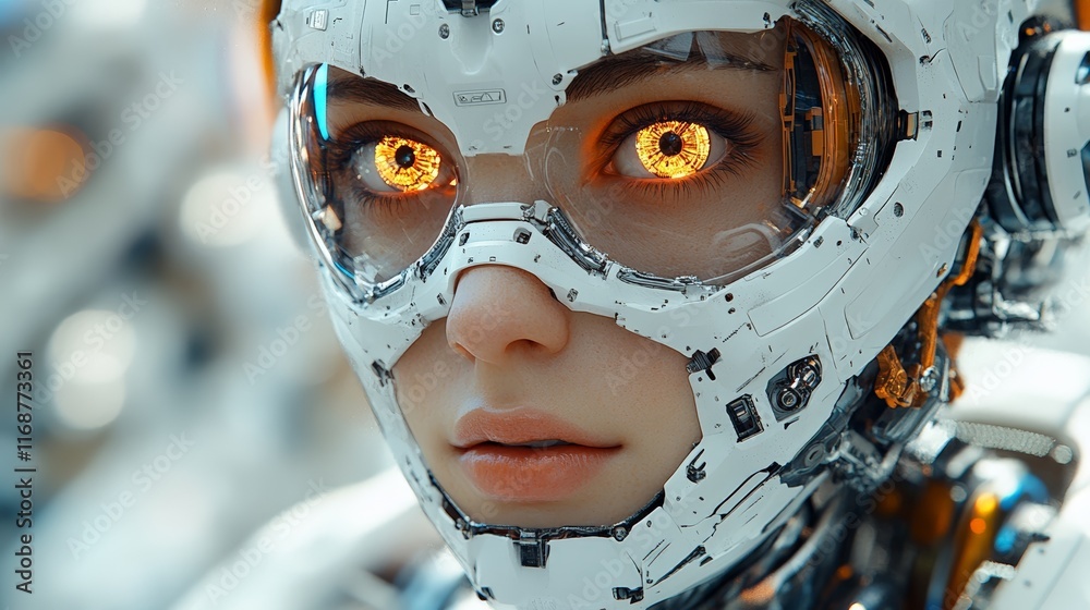 Cybernetic woman portrait. AI eyes, glowing tech, side view. Futuristic female. Close-up, intricate design.