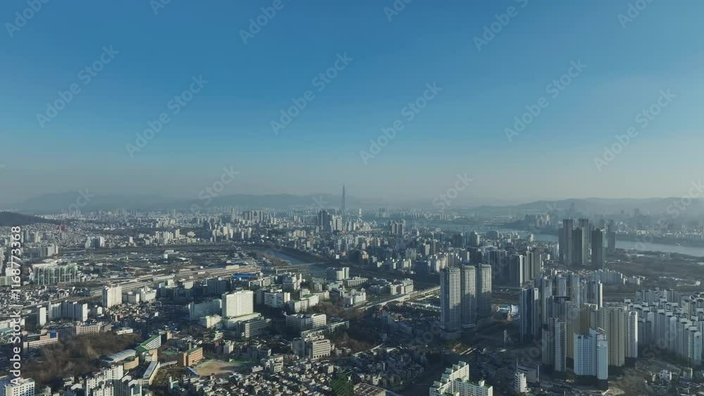 Aerial View of Seoul city in South Korea, Wangsimni, Han River, Winter Aerial View of Seoul city in South Korea, Wangsimni, Han River, Winter