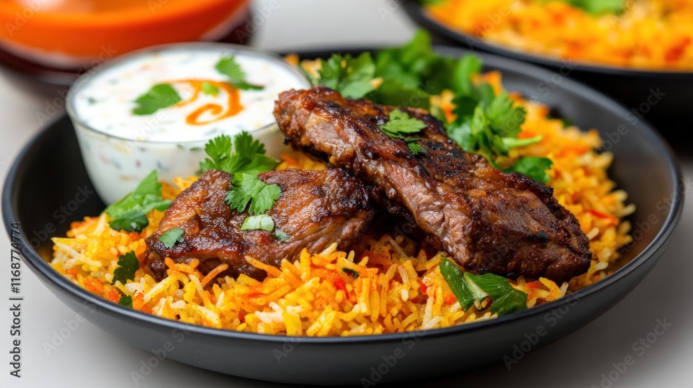 A delicious plate of biryani with grilled meat and yogurt sauce. A delicious plate of biryani with grilled meat and yogurt sauce.
