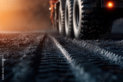 Evening tire tracks left on freshly laid asphalt at a construction site during sunset