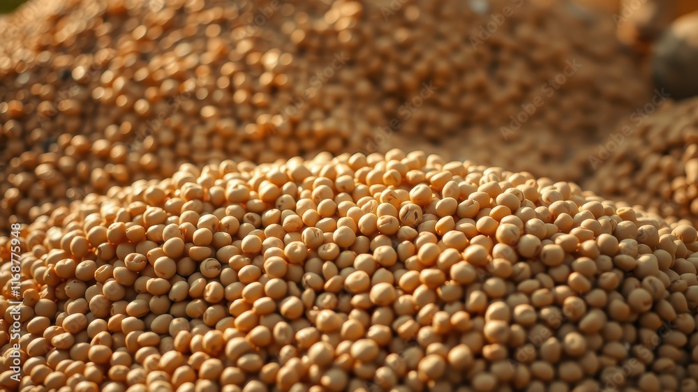 Close-up view of a large pile of harvested, sunlit legumes, showcasing their texture and golden hue Close-up view of a large pile of harvested, sunlit legumes, showcasing their texture and golden hue