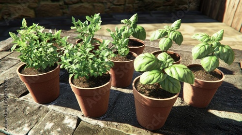 Fresh herbs in terracotta pots arranged on a stone surface.
