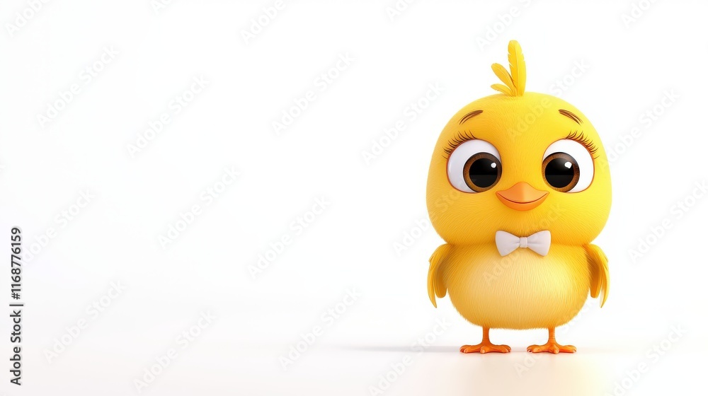 A stylized cartoon chick with exaggerated features, wearing a small bow tie, on a bright white background, ideal for playful designs. A stylized cartoon chick with exaggerated features, wearing a small bow tie, on a bright white background, ideal for playful designs.