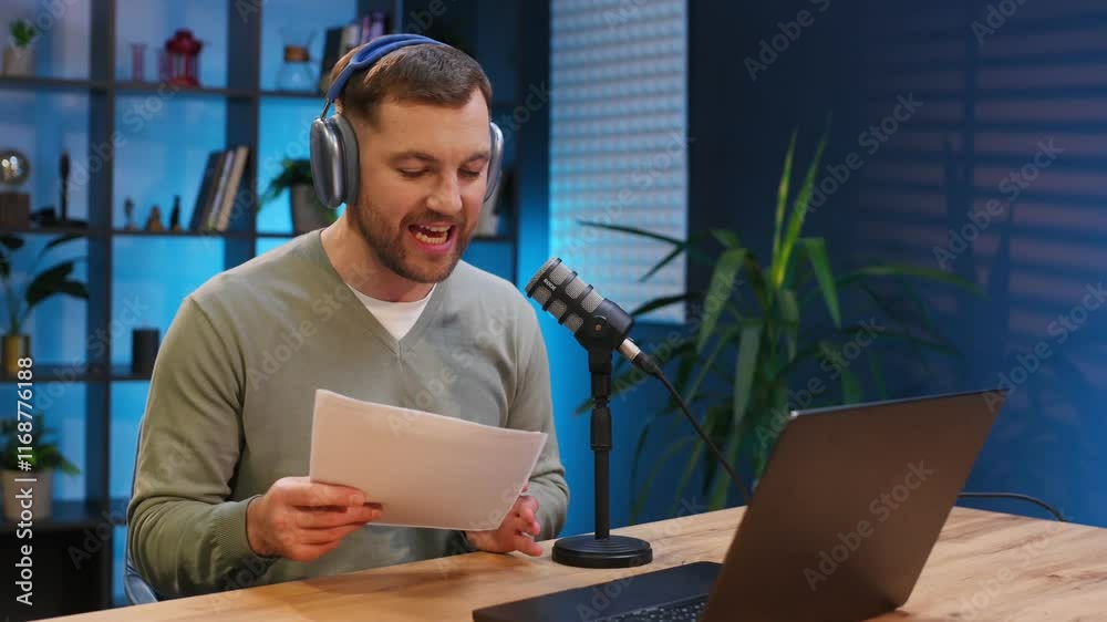 By the laptop. Man with microphone in the studio, conception of podcast.