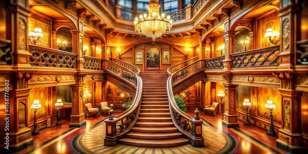Grand Staircase, Titanic-Inspired Luxury Interior, Miniature Tilt-Shift