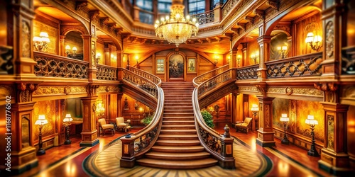 Obraz na płótnie Grand Staircase, Titanic-Inspired Luxury Interior, Miniature Tilt-Shift w salonie