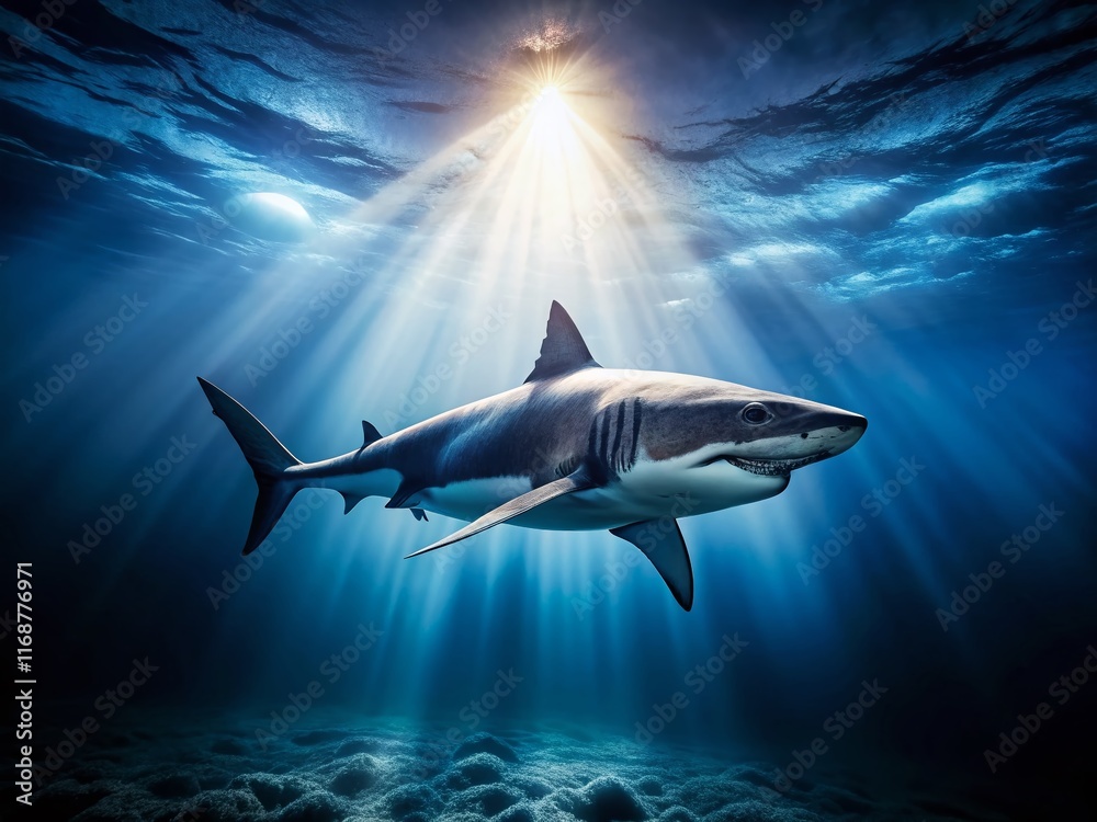 Obraz premium Great White Shark Silhouette, Underwater Dark Ocean, Low Light, Jaws, Marine Animal Clipart
